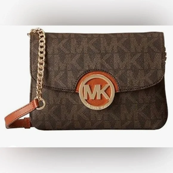 michael kors fulton signature flap gusset crossbody brown